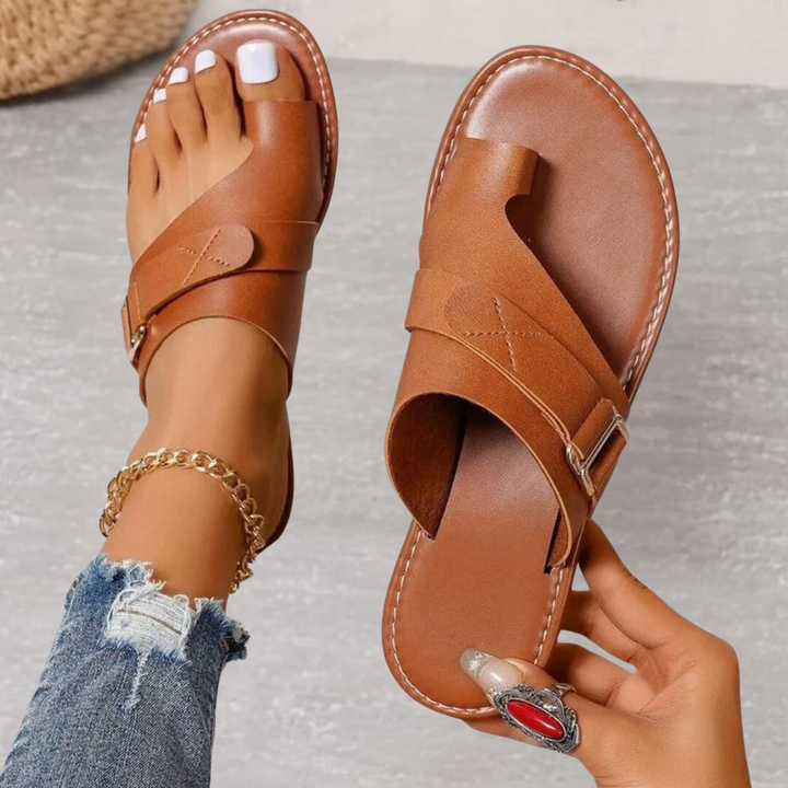 Women's Orthopedic Wide Strap Flat Sandals with Toe Loop