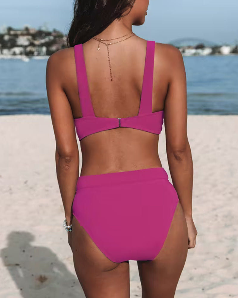 Women's High Waist V-Neck Bikini Set with Wide Strap