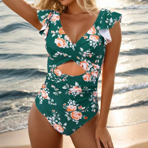 Women's One Piece Swimsuit  with Ruffle Shoulder Waist Cutout