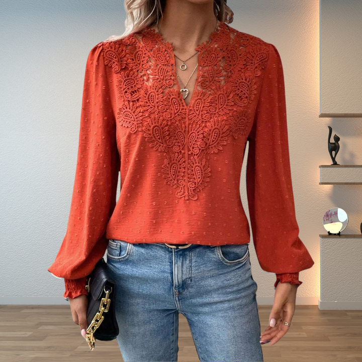 Vivian | Split V Neck Blouse with Lace Detail and Puff Sleeves