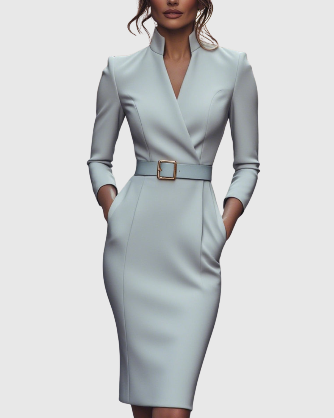 Women's Long Sleeve Belted Midi Dress with V-Neckline
