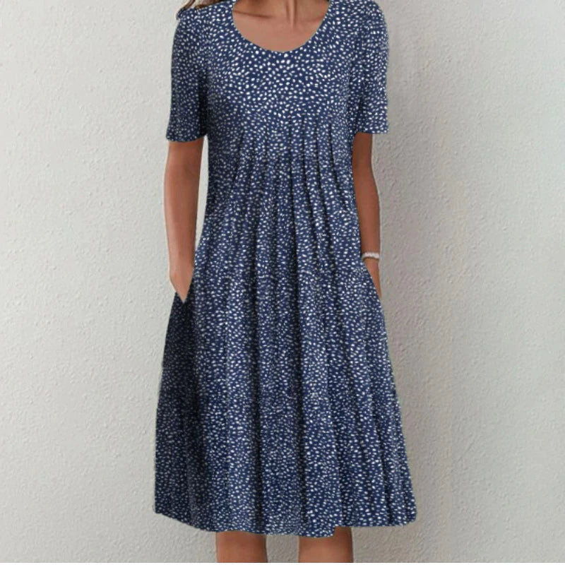 Women's Floral Midi Dress with Gathered Waist and Side Pockets