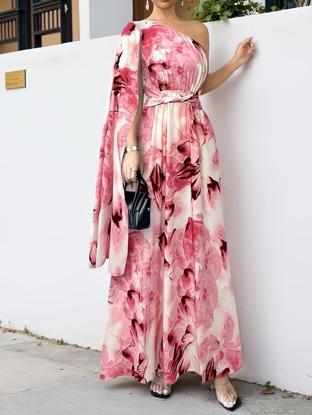 Irene | Maxi Wedding Guest Dress with One Shoulder and Floral Print