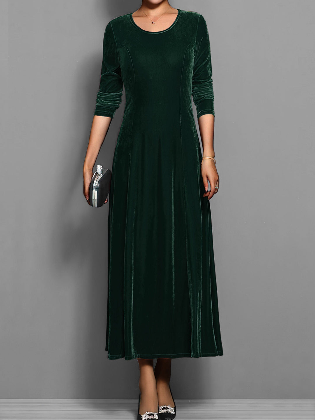 Women's A-Line Maxi Dress with Long Sleeve Flared Skirt