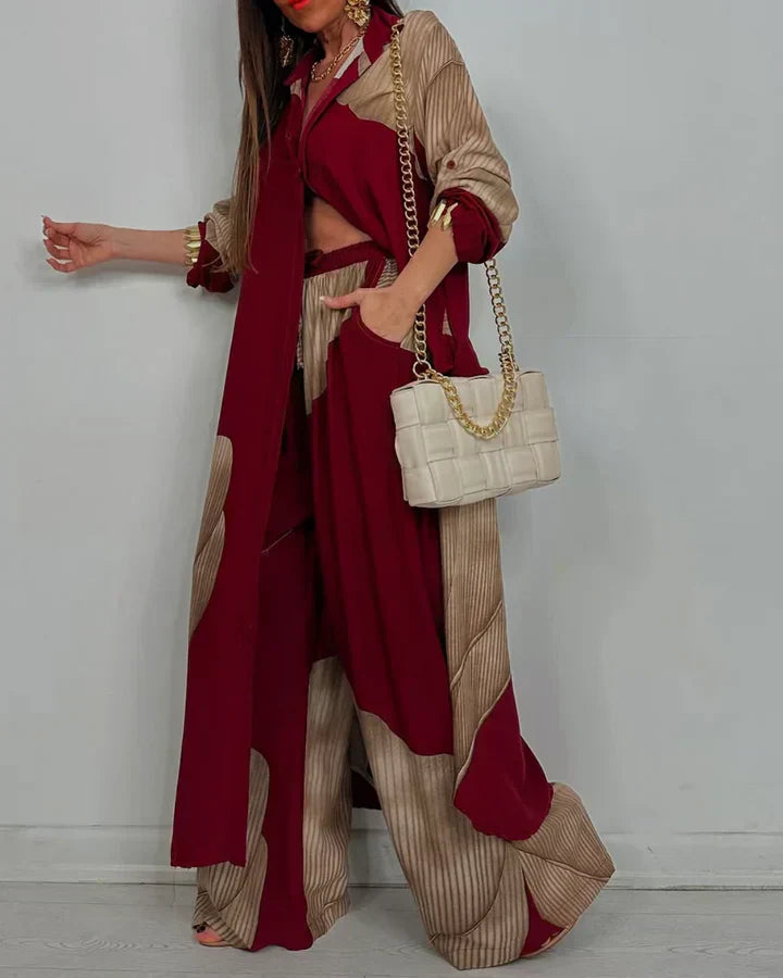 Nala | Abstract Print Two-Piece Set with Wide-Leg Trousers and Open Shirt