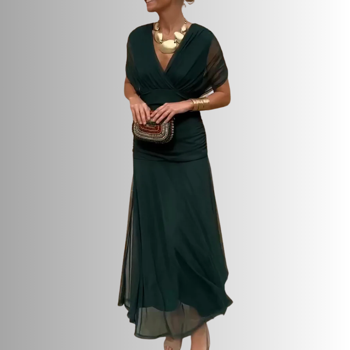 Women's V-Neck Maxi Dress with Draped Shoulder Overlay