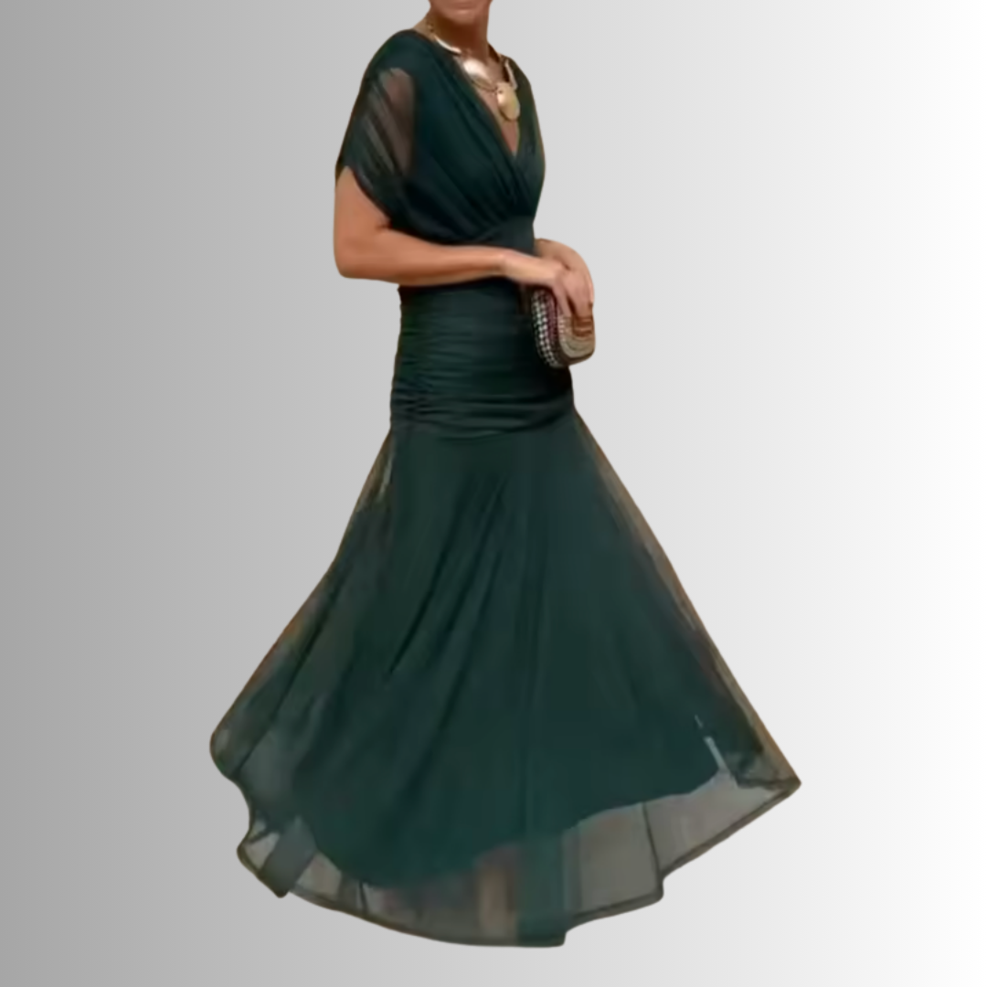 Women's V-Neck Maxi Dress with Draped Shoulder Overlay