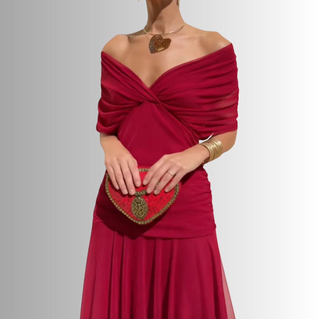 Women's V-Neck Maxi Dress with Draped Shoulder Overlay