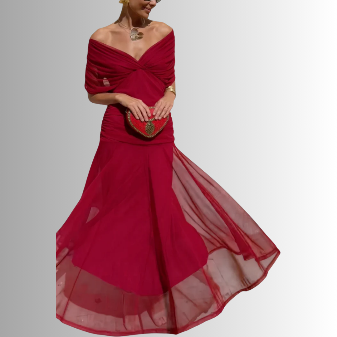 Women's V-Neck Maxi Dress with Draped Shoulder Overlay