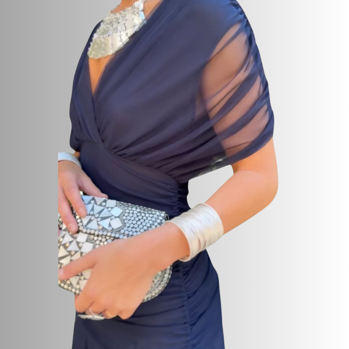 Women's V-Neck Maxi Dress with Draped Shoulder Overlay