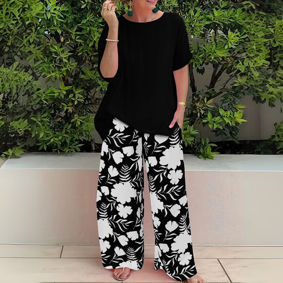 Dina | Matching Set with Floral Print Trousers and Short Sleeve Top