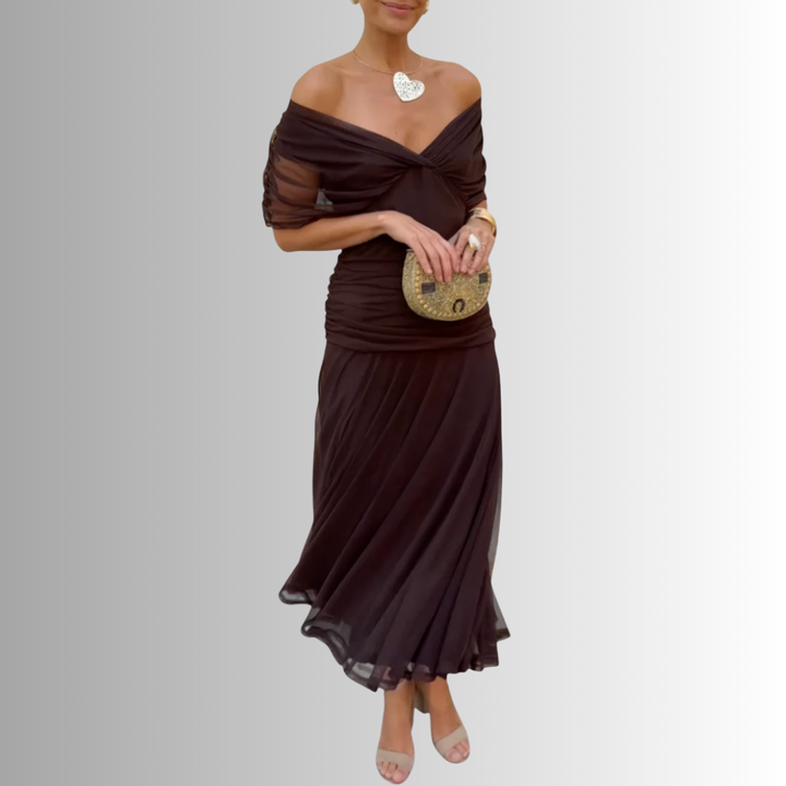 Women's V-Neck Maxi Dress with Draped Shoulder Overlay