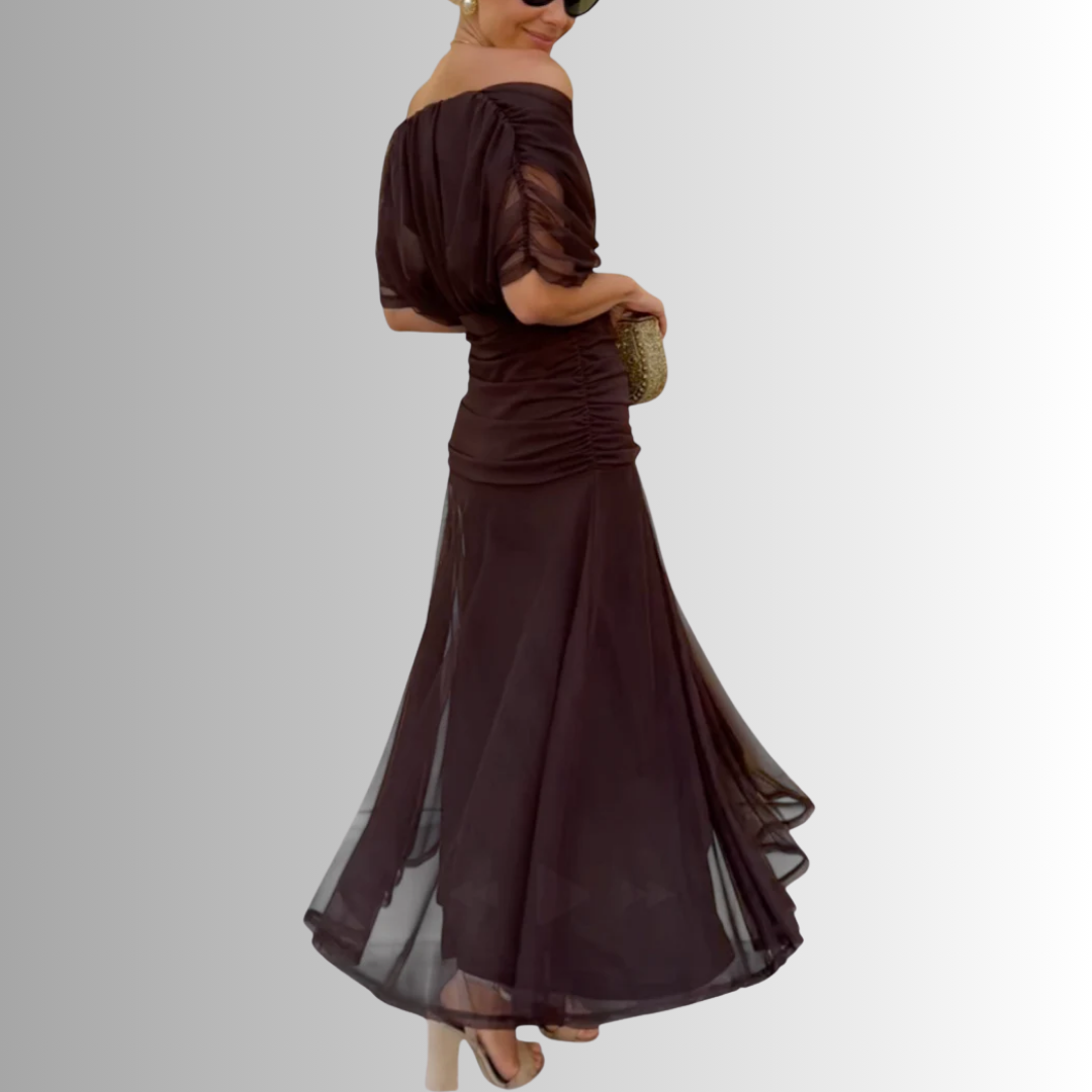 Women's V-Neck Maxi Dress with Draped Shoulder Overlay