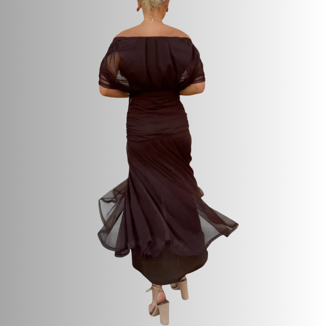 Women's V-Neck Maxi Dress with Draped Shoulder Overlay
