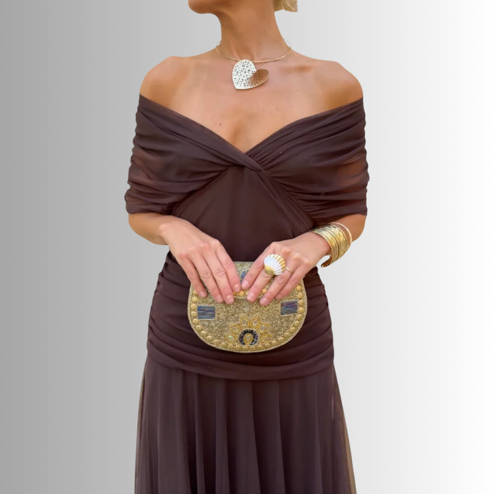 Women's V-Neck Maxi Dress with Draped Shoulder Overlay