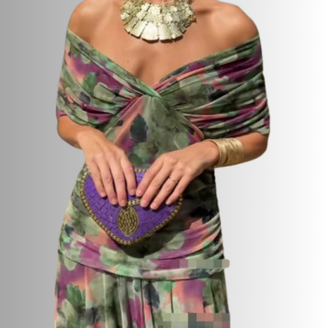 Women's V-Neck Maxi Dress with Draped Shoulder Overlay