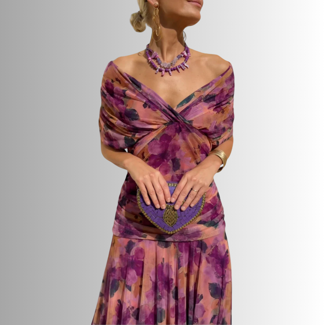 Women's V-Neck Maxi Dress with Draped Shoulder Overlay