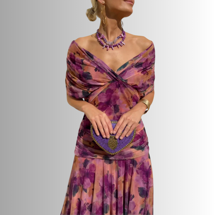 Women's V-Neck Maxi Dress with Draped Shoulder Overlay