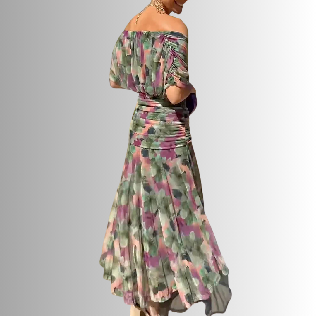 Women's V-Neck Maxi Dress with Draped Shoulder Overlay