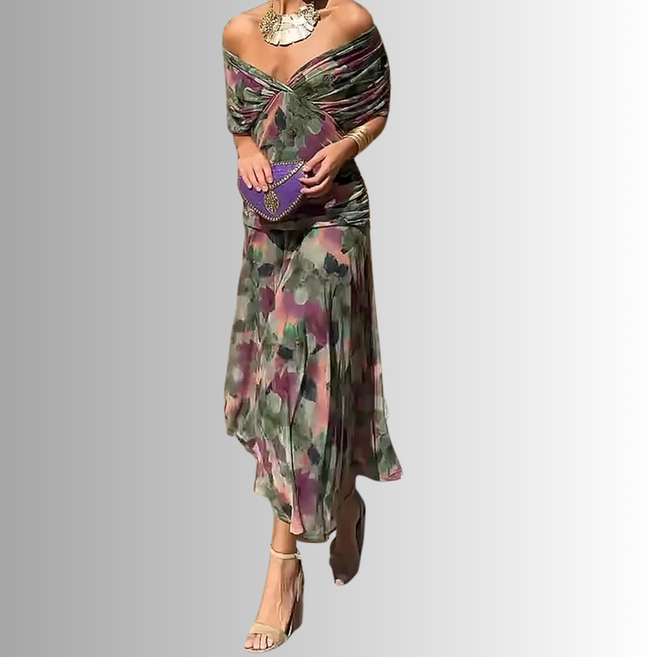 Women's V-Neck Maxi Dress with Draped Shoulder Overlay