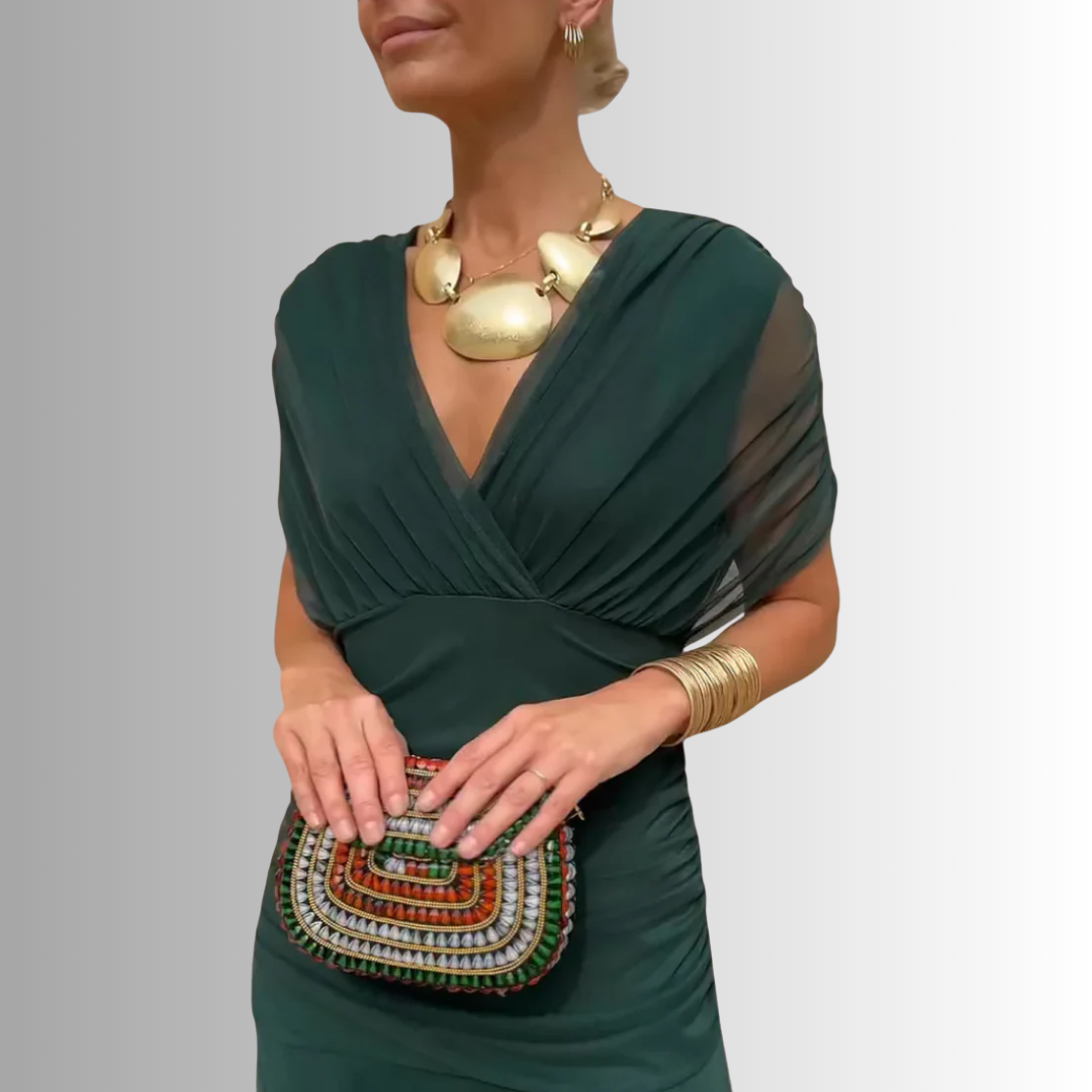 Women's V-Neck Maxi Dress with Draped Shoulder Overlay