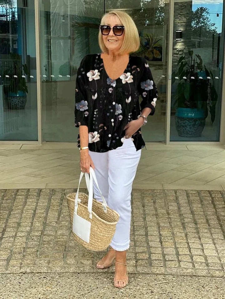 Penny | Floral Print Blouse with V Neckline and Button Front