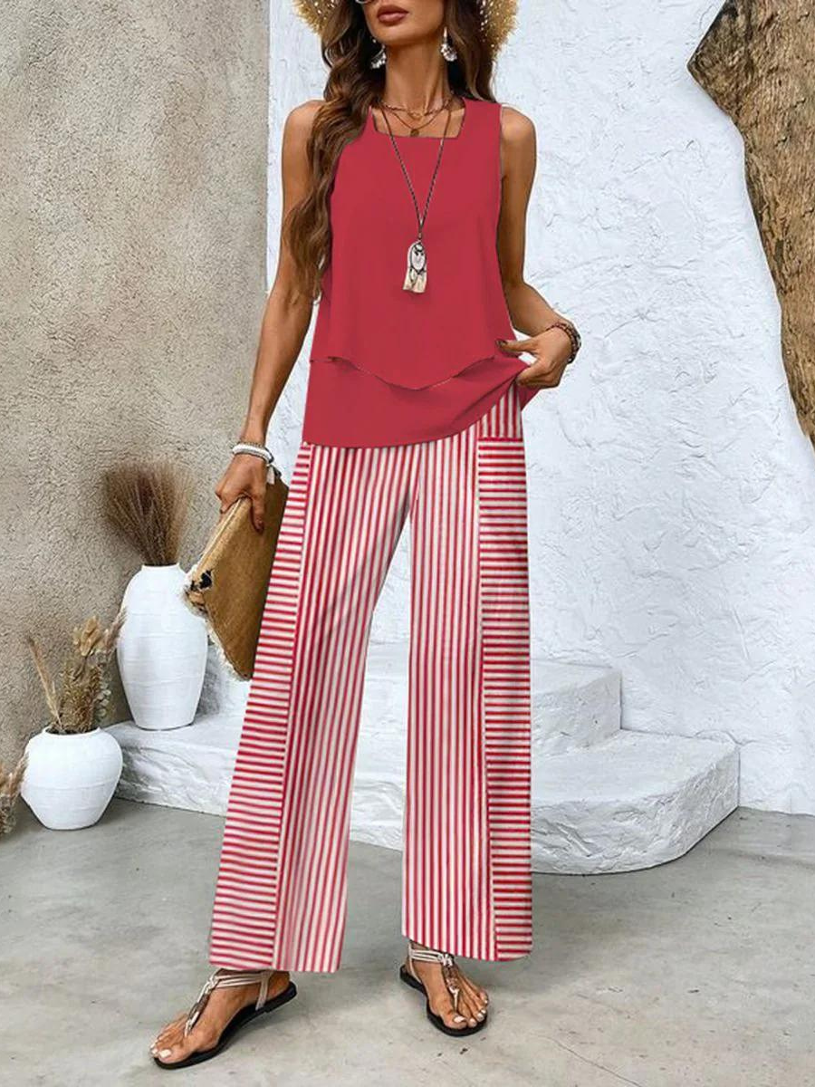 Lena | Two-Piece Wide-Leg Trousers Set with Leaf Print and Layered Top