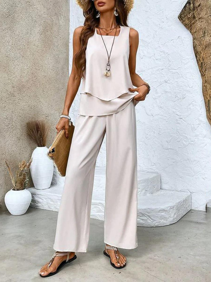 Lena | Two-Piece Wide-Leg Trousers Set with Leaf Print and Layered Top