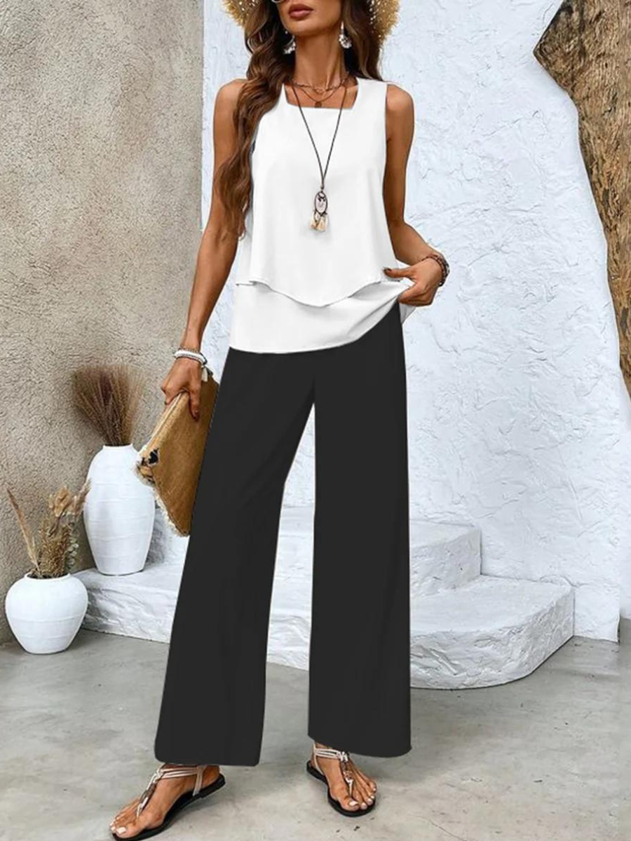 Women's Sleeveless Tank Top and Printed Wide Leg Pants Set