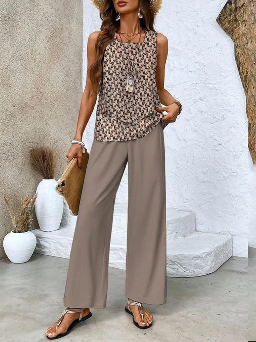 Women's Sleeveless Tank Top and Printed Wide Leg Pants Set