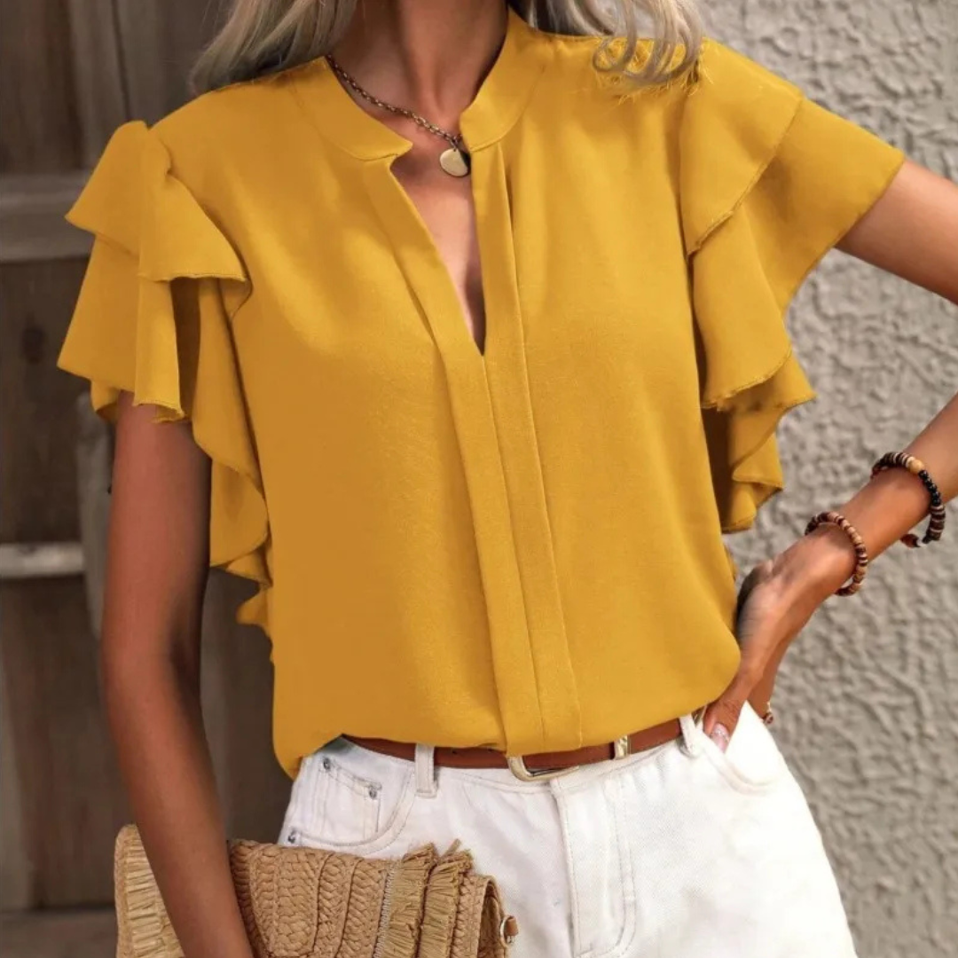 Remy | Ruffle Sleeve Blouse with Split Neck and Tiered Detail