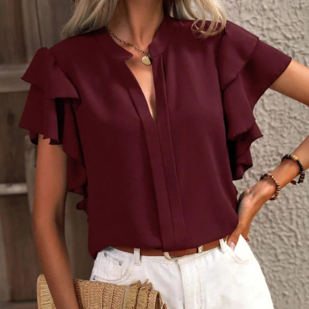 Remy | Ruffle Sleeve Blouse with Split Neck and Tiered Detail