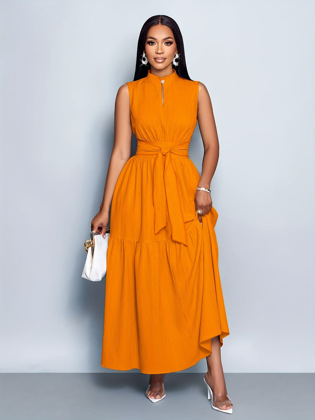 Tina | Maxi Summer Dress with Mock Neck and Belted Waist