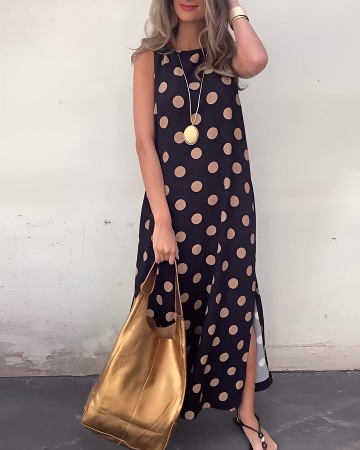 Wendy | Maxi Polka Dot Dress with Round Neck and Sleeveless Bodice