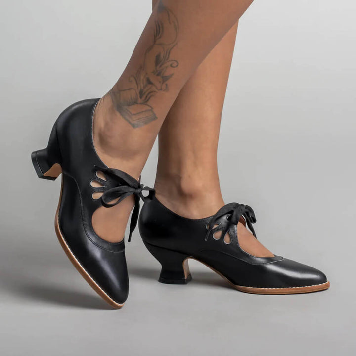 Women's Vintage Mary Jane Heels with Lace-Up and Cutout