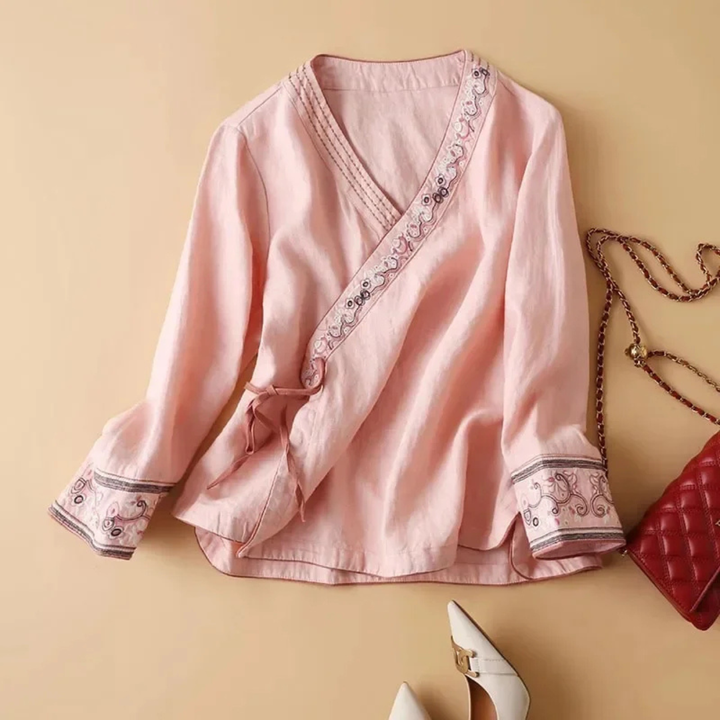 Xia | Wrap Blouse with Embroidered Trim and Side Tie