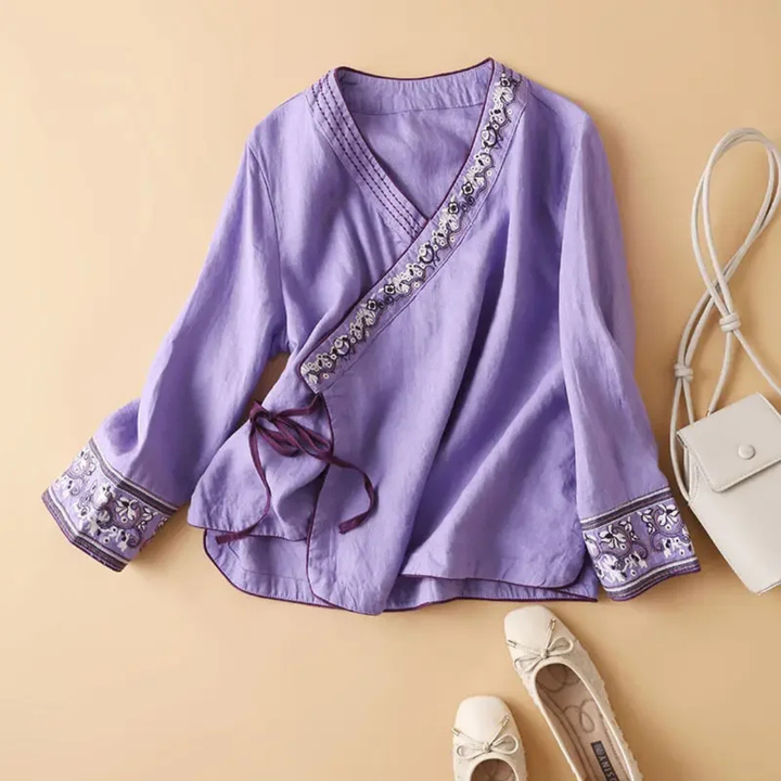 Xia | Wrap Blouse with Embroidered Trim and Side Tie