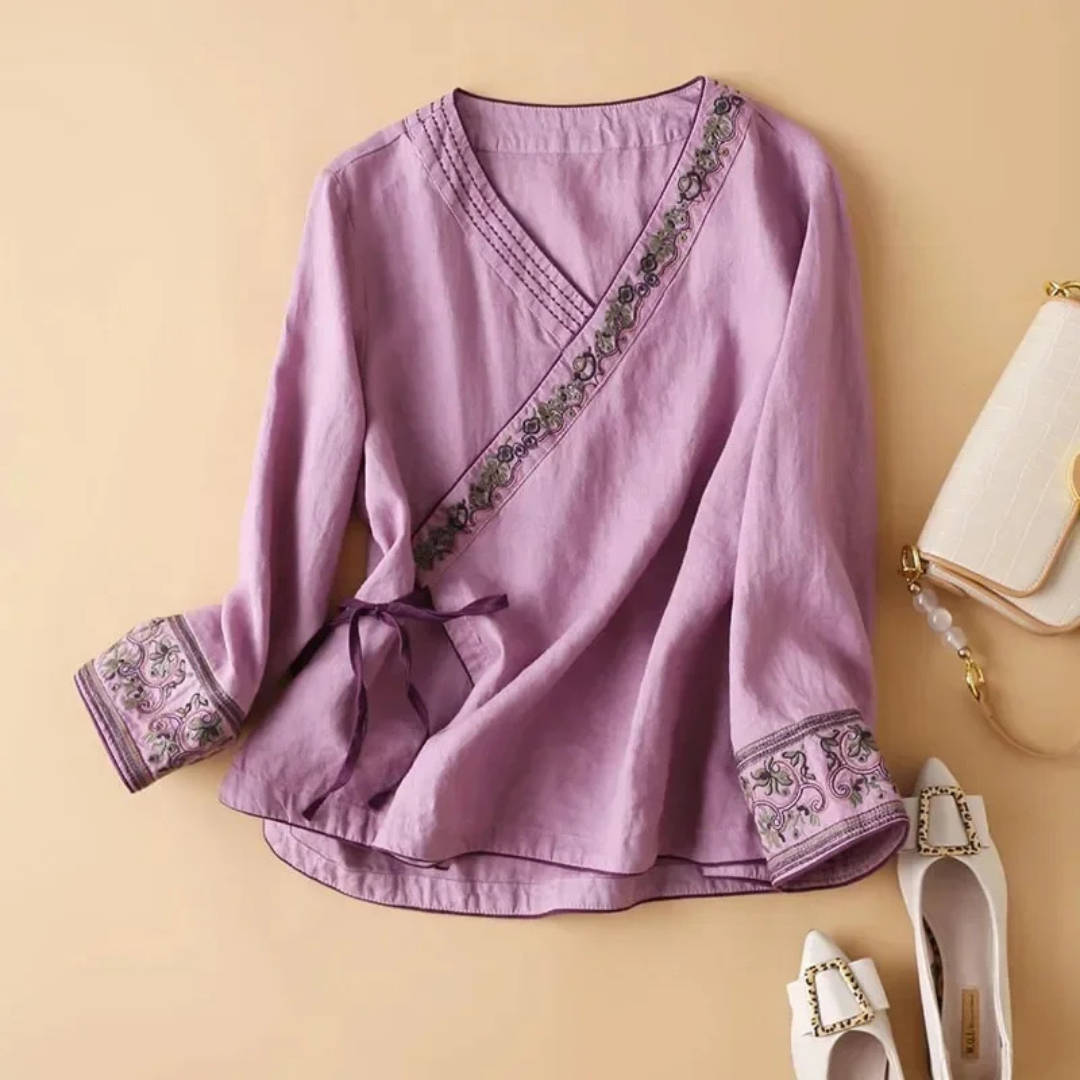 Xia | Wrap Blouse with Embroidered Trim and Side Tie