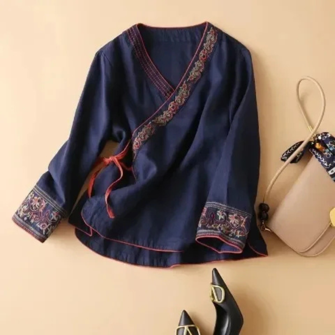 Xia | Wrap Blouse with Embroidered Trim and Side Tie