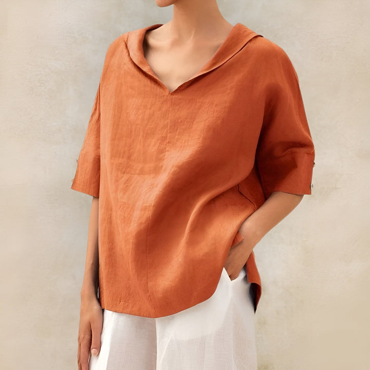 Ria | Linen Top with V-Neck Collar and Relaxed Fit