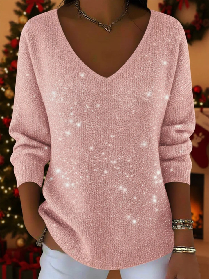 Women's V-Neck Glitter Blouse with Long Sleeve Relaxed Fit