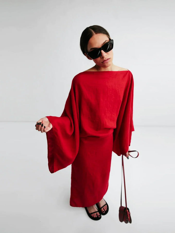 Gianna | Midi Cocktail Dress with Kimono Sleeves and Belted Waist