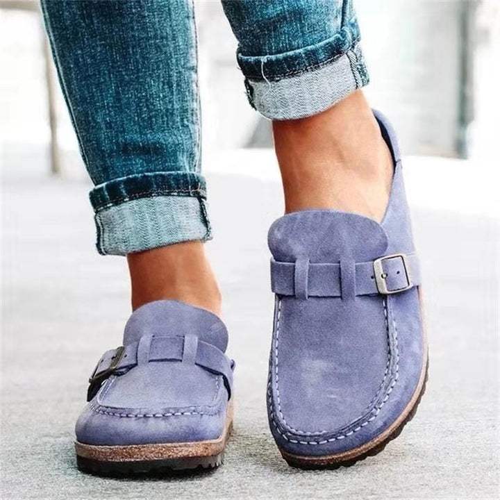 Women's Orthopedic Slip on Mules with Buckle Detail and Moccasin Stitch