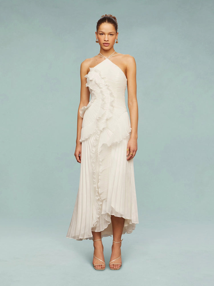 Avery | Maxi Wedding Guest Dress with Halter Neck and Pleated Skirt