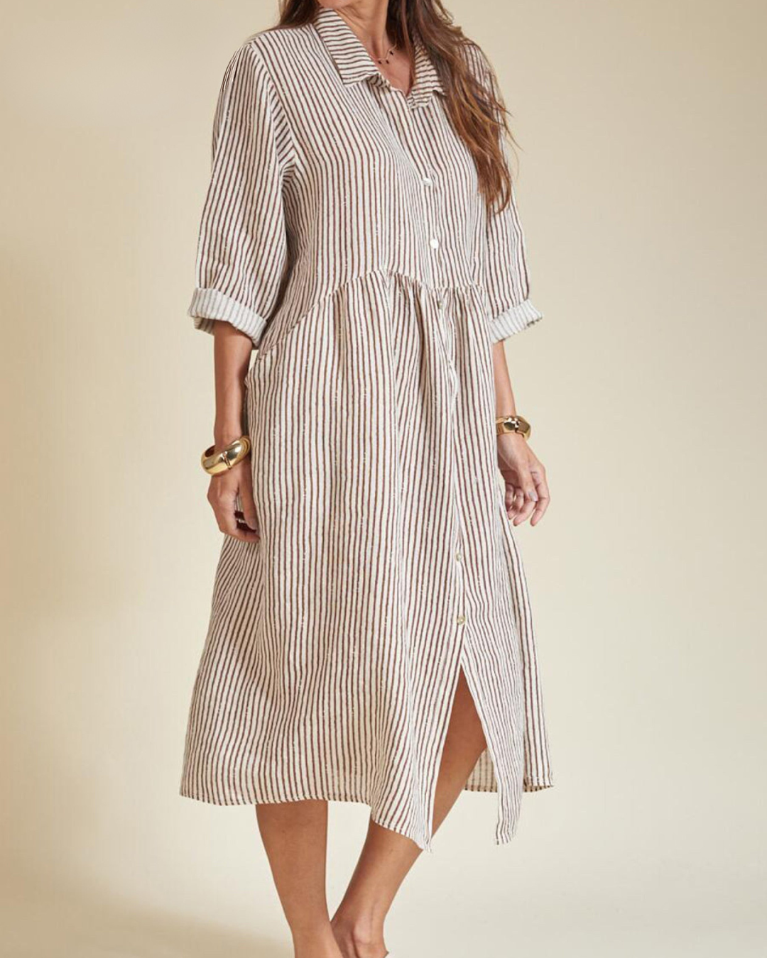 Nina | Midi Shirt Dress with Stripes and Button Front