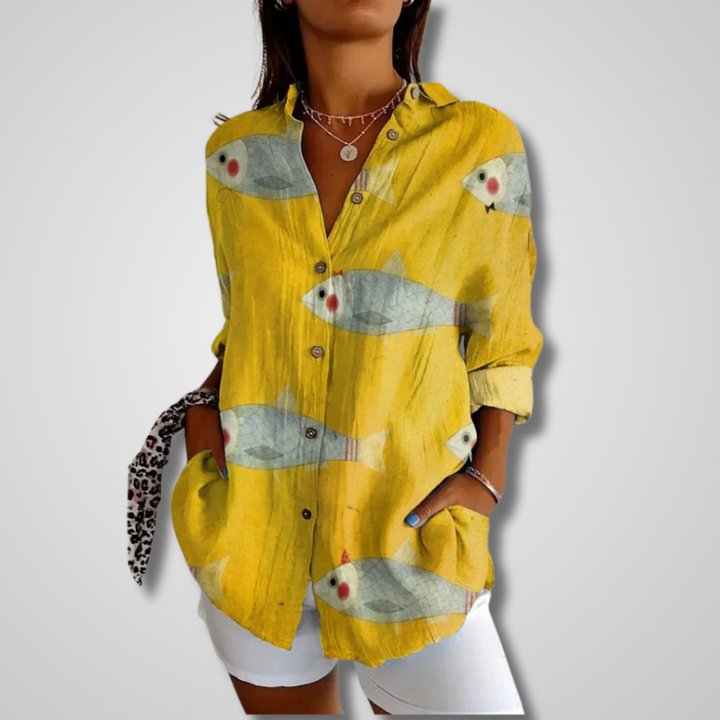 Women's Printed Long Sleeve Button Down Blouse with V-Neck