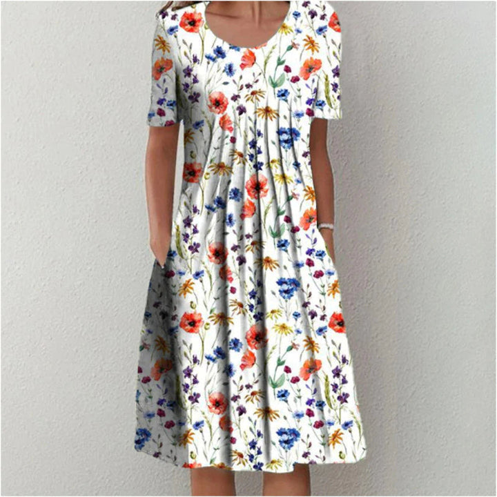 Women's Floral Midi Dress with Gathered Waist and Side Pockets