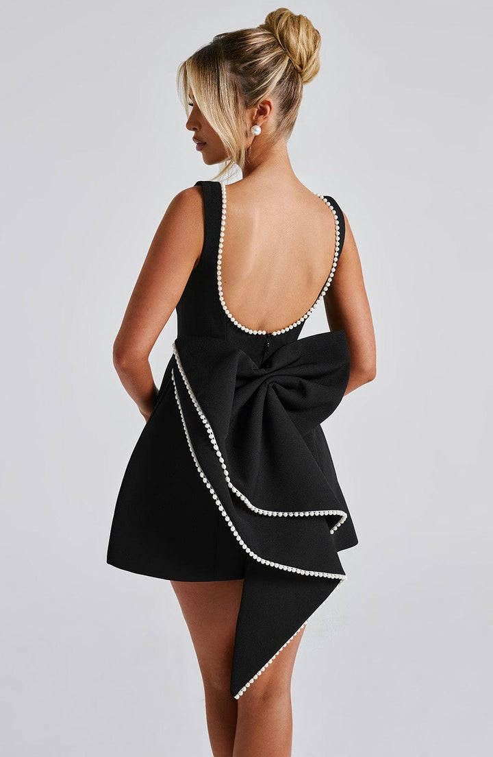 Rita | Mini Wedding Guest Dress with Boat Neck and Bow Back