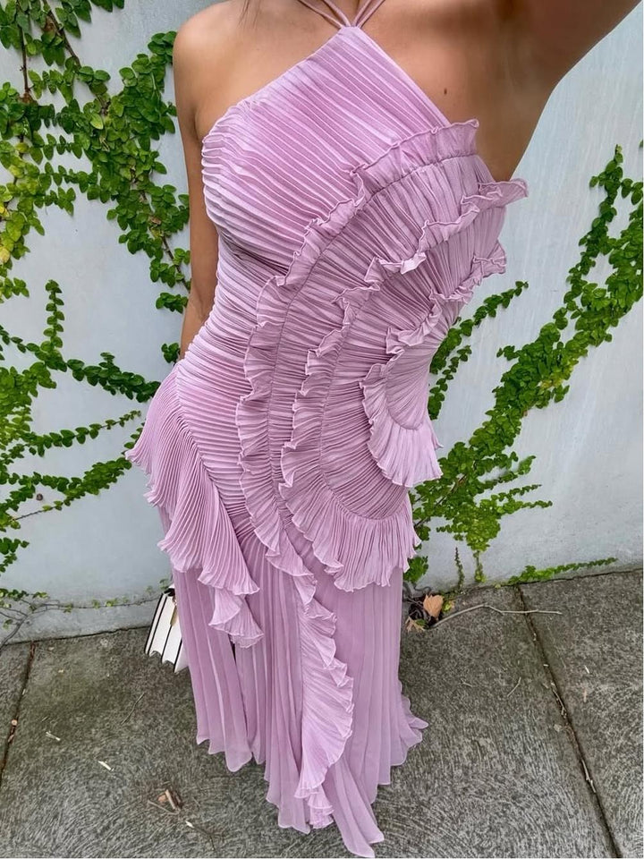Avery | Maxi Wedding Guest Dress with Halter Neck and Pleated Skirt