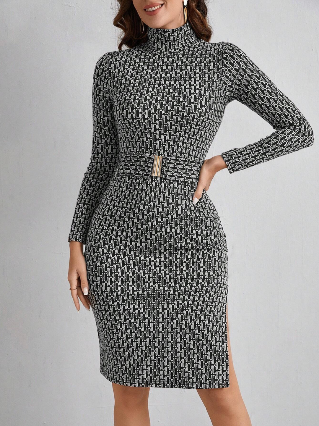 Sandra | Midi Sweater Dress with Mock Neckline and Side Slit